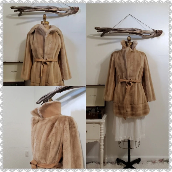 Vintage Tan Fur Suede Large Collared Avant Garde Boho England Trench Wrap Coat - Picture 7 of 10